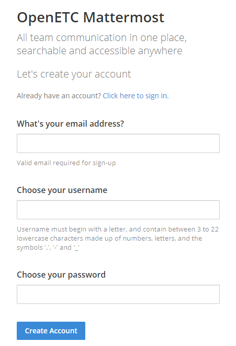 Screenshot of Mattermost account creation page
