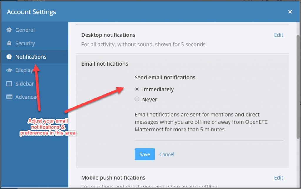 Mattermost screen shot showing how to enable and disable email messages