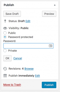 Screenshot of the Publish section when editing a WordPress page or post, used to make a post private.