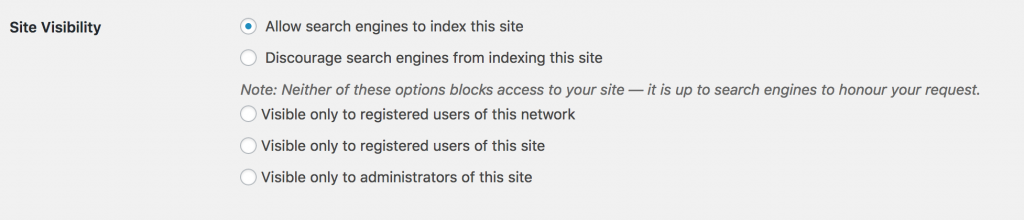 Screenshot of the Site Visibility settings in WordPress