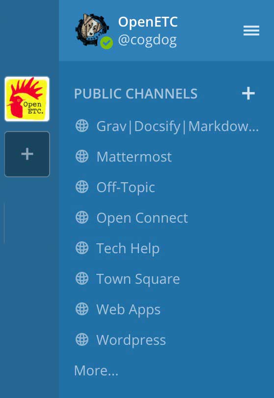 List of the OpenETC public channels in Mattermost including "Mattermost", "Off-Topic", "Tech Help", "Web Apps", and "WordPress"