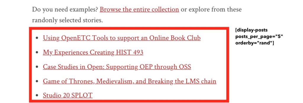 Screenshot that shows a list of 5 different linked stories, on the right is the text of the shortcode listed above