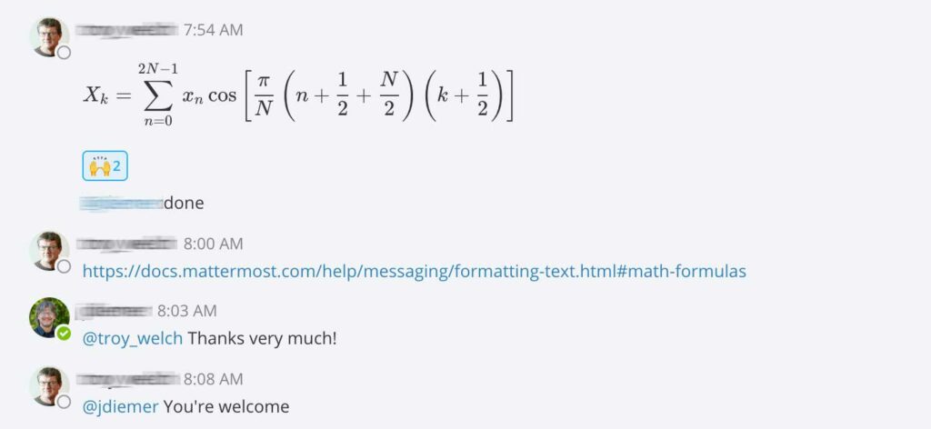 Screenshot of Mattermost chat where a formatted LaTex formula is displayed along with the reference link on how to format.