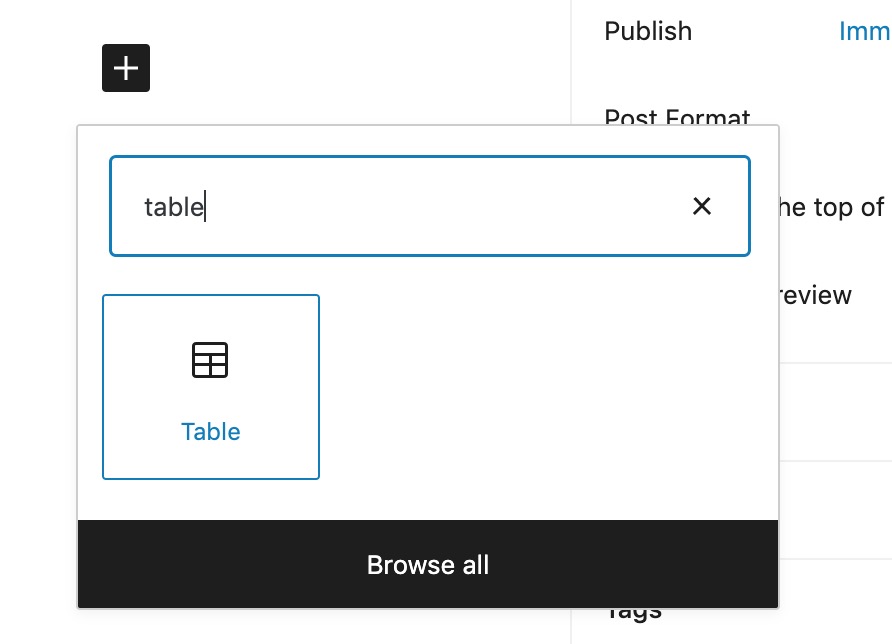 The block editor with "Table" in the search field and the pne matching block appears below.